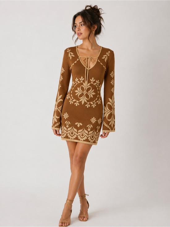 Misa Los Angeles Dresses & Skirts - MISA Los Angeles Sahar Dress Size Large Brown & Cream Floral Knit Mini Dress